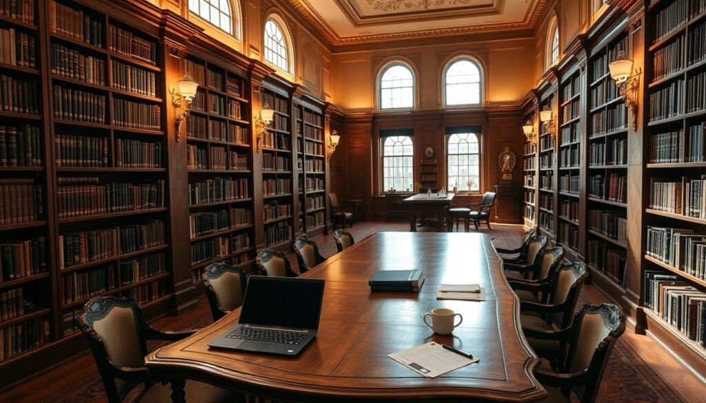 A serene library interior with warm, diffused lighting. Rows of wooden bookshelves line the walls, filled with volumes on a variety of subjects. A large, ornate wooden table sits in the center, surrounded by comfortable chairs. On the table, a laptop, some papers, and a cup of coffee suggest a researcher deeply engaged in their work. The atmosphere is one of focused study and the pursuit of reliable, authoritative knowledge.