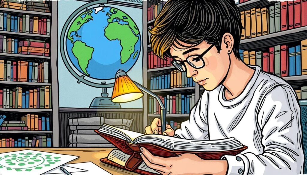 A vibrant, hand-drawn illustration depicting the act of preserving and sharing useful general knowledge. In the foreground, a person diligently takes notes in a leather-bound journal, their face illuminated by the soft glow of a desk lamp. The middle ground features shelves filled with reference books, maps, and other educational materials. In the background, a large world globe rotates gently, symbolizing the breadth of information to be explored and shared. The overall scene conveys a sense of curiosity, discovery, and the importance of curating and disseminating valuable general knowledge.