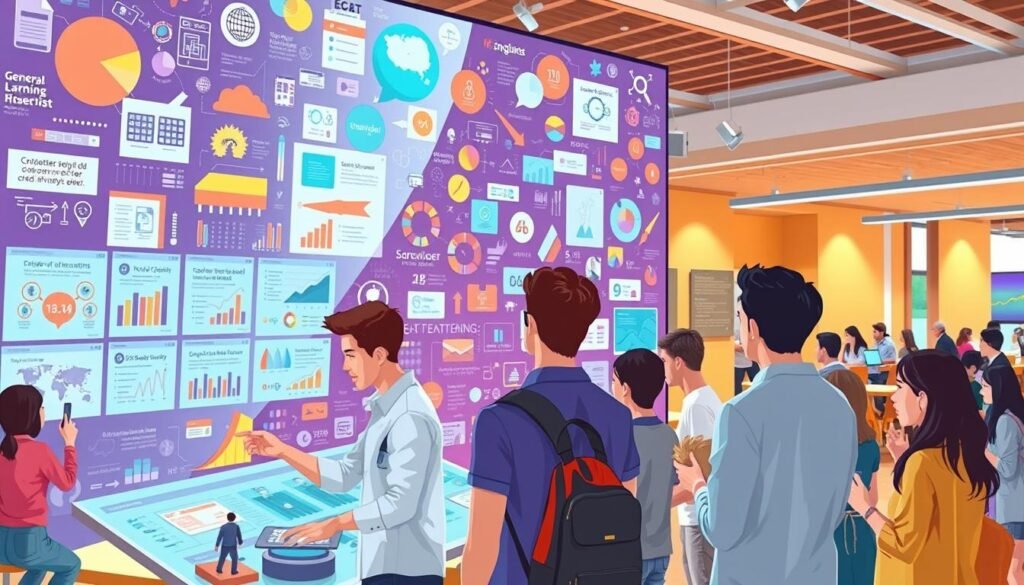 A vibrant, visually engaging illustration depicting the transformation of general information into captivating educational content. In the foreground, a group of people enthusiastically engage with interactive learning materials, such as touchscreens and hands-on models. The middle ground features a dynamic array of infographics, charts, and visualizations, conveying complex ideas in a clear, accessible manner. The background showcases a warm, modern learning environment, with ample natural light and a sense of openness and collaboration. The overall scene radiates a sense of excitement and discovery, inspiring the viewer to explore and learn.