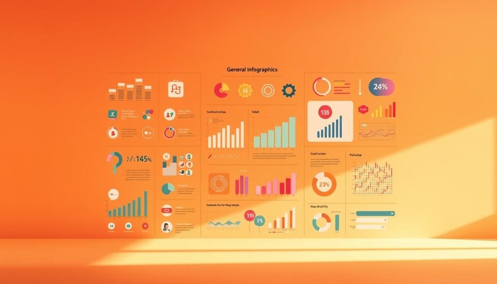 A wide-angle shot of a vibrant infographic with a clean, minimalist design. The background is a soft, muted gradient in warm tones, creating a sense of depth and focus. In the foreground, a collection of carefully curated icons, charts, and data visualizations neatly arranged to convey important general information. The icons are simple yet impactful, using a consistent color palette and sleek, modern style. The charts and graphs present data in an easily digestible format, highlighting key statistics and facts. The overall composition is balanced and harmonious, guiding the viewer's eye through the essential details. Subtle lighting from the side casts gentle shadows, adding dimension and emphasizing the clarity of the information displayed.